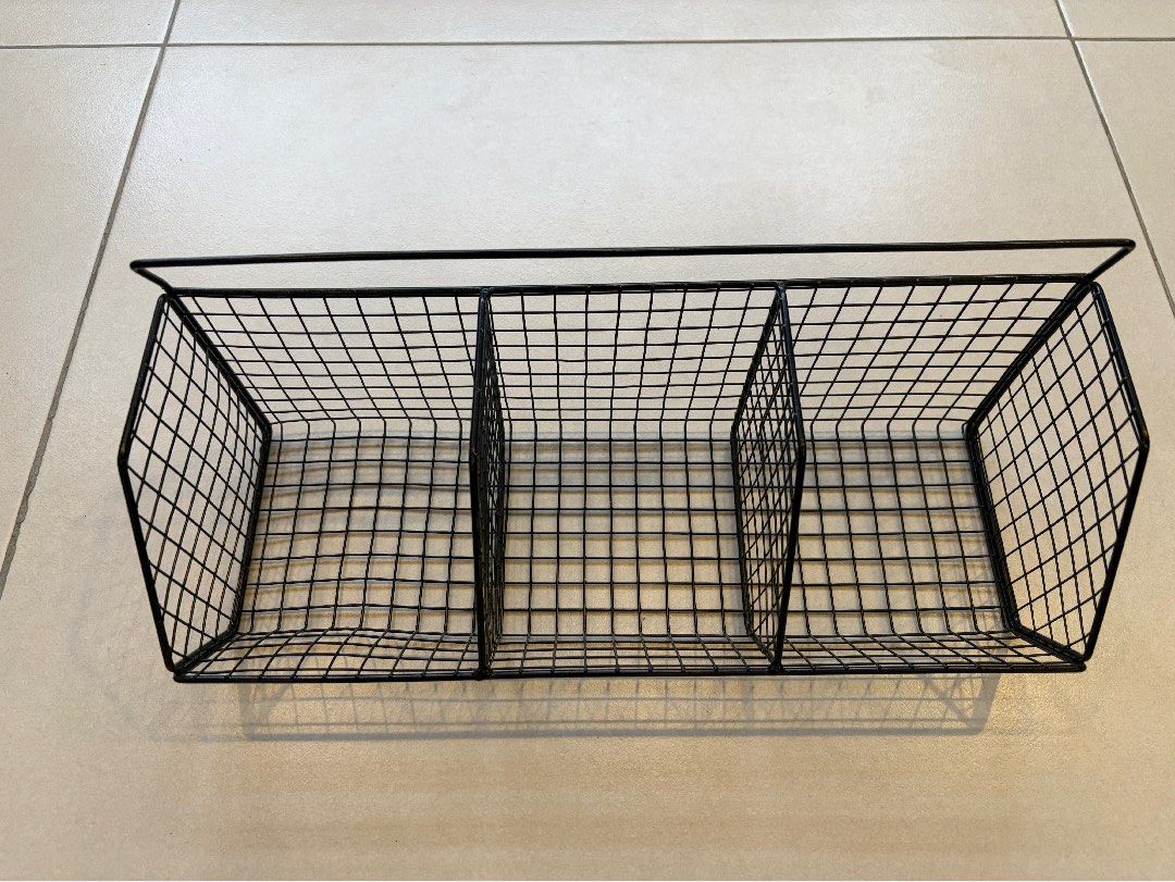Black Wire Mesh Storage Baskets (Category: Storage Boxes & Baskets) located in Cebu City. Submitted by happyheartcebu (Listing ID 1415526549, Image 3). Description: - Includes two black wire mesh storage items. - One rectangular basket with: - Three compartments - Handle - One three-tier corner shelf. - Perfect for organizing your home or office..