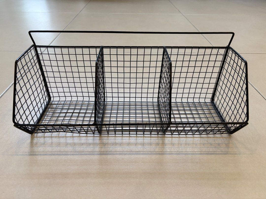 Black Wire Mesh Storage Baskets (Category: Storage Boxes & Baskets) located in Cebu City. Submitted by happyheartcebu (Listing ID 1415526549, Image 2). Description: - Includes two black wire mesh storage items. - One rectangular basket with: - Three compartments - Handle - One three-tier corner shelf. - Perfect for organizing your home or office..