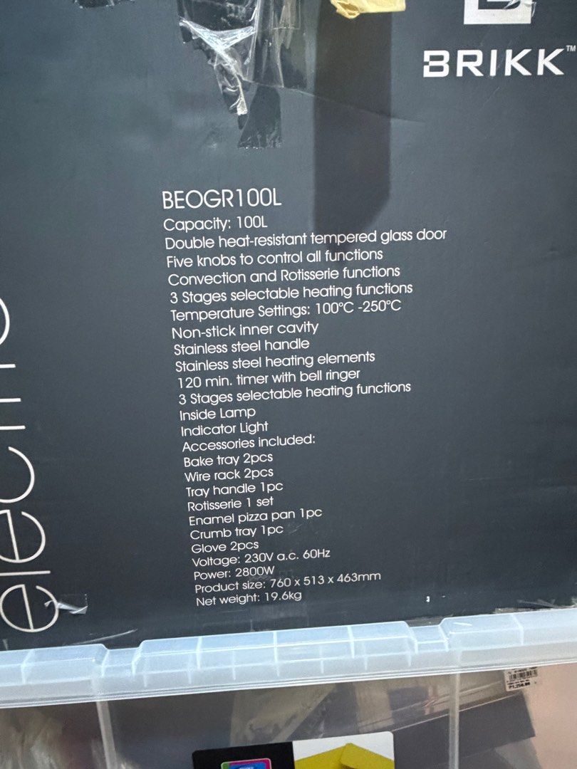 Brikk Electric Oven BEOGR100L (Category: Ovens & Toasters) located in Muntinlupa City. Submitted by iyasprelovedph (Listing ID 1415447083, Image 3). Description: Item: Brikk Electric Oven, with a capacity of 100L. (Check photos for more info on the oven) - Only used 4/5x. Rfs: We don’t use it anymore :) - Bought for ₱13,500. Now selling for ₱10,000 - No known issues, included with its own COMPLETE accessories from when purchased - Only potential 