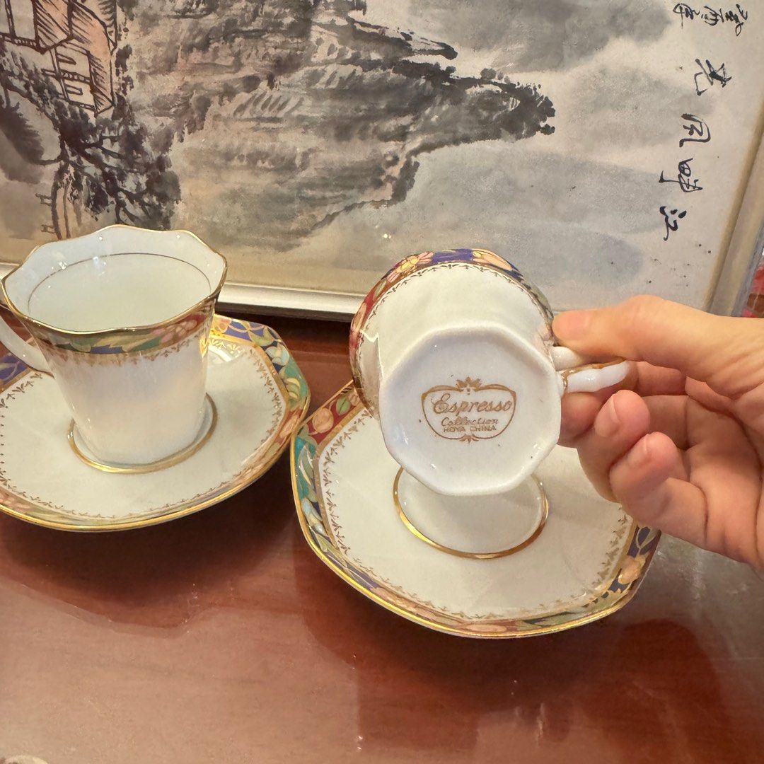 Espresso Collection Cups and Saucers 2 pairs (Category: Coffee & Tea Tableware) located in Quezon City. Submitted by kb0030 (Listing ID 1415434787, Image 2). Description: - Set includes two espresso cups and matching saucers. - Features a colorful floral and gold trim design. - Cups are white with scalloped rims. - Saucers have a unique shape. - Marked "Espresso Collection" on the bottom. - Ideal for serving espresso or small coffee drinks..