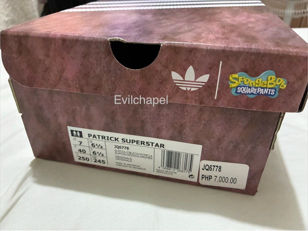 FS: Adidas Patrick Star US Size 7 (Category: Sneakers) located in Mandaluyong City. Submitted by evilchapel (Listing ID 1415575031, Image 2). Description: FS: Adidas Superstar Patrick Star (Size 7 US) Boat License not included Payment: GCash, Maya, BDO, Cash Meetups: Shangri La, Starmall.