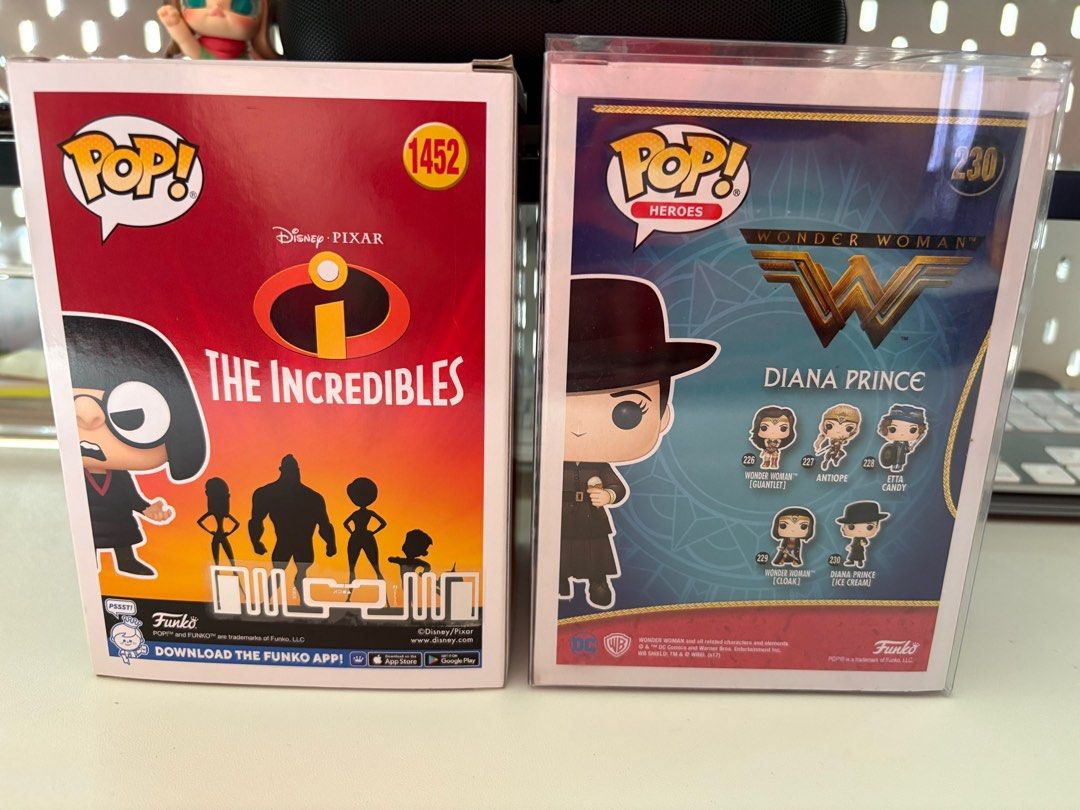 Funko Pop! Diana Prince & Edna Mode Figures (Category: Designer & Blind Box Toys) located in Makati City. Submitted by eda.geee (Listing ID 1415483923, Image 3). Description: - Funko Pop! Vinyl Figures - Diana Prince (Wonder Woman) - Exclusive Edition - Edna Mode (The Incredibles) - Summer Convention 2024 Limited Edition - Both figures are in their original boxes 700 each Loc: Makati.