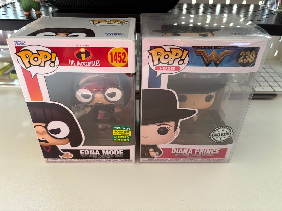 Funko Pop! Diana Prince & Edna Mode Figures (Category: Designer & Blind Box Toys) located in Makati City. Submitted by eda.geee (Listing ID 1415483923, Image 2). Description: - Funko Pop! Vinyl Figures - Diana Prince (Wonder Woman) - Exclusive Edition - Edna Mode (The Incredibles) - Summer Convention 2024 Limited Edition - Both figures are in their original boxes 700 each Loc: Makati.