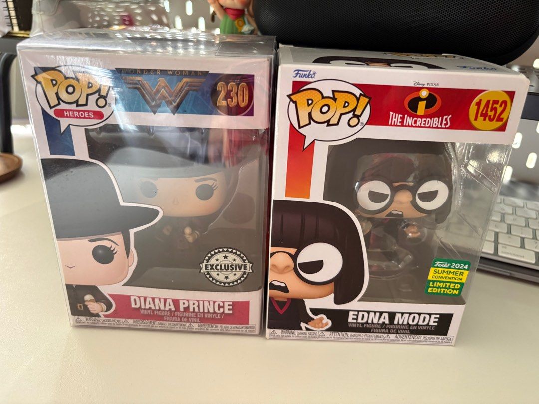 Funko Pop! Diana Prince & Edna Mode Figures (Category: Designer & Blind Box Toys) located in Makati City. Submitted by eda.geee (Listing ID 1415483923, Image 1). Description: - Funko Pop! Vinyl Figures - Diana Prince (Wonder Woman) - Exclusive Edition - Edna Mode (The Incredibles) - Summer Convention 2024 Limited Edition - Both figures are in their original boxes 700 each Loc: Makati.