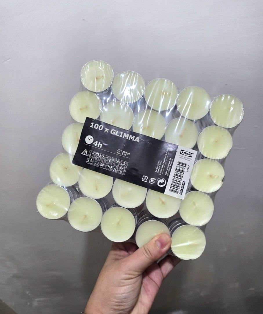 IKEA GLIMMA Tealight Candles 100 Pieces (Category: Other Home Decor) located in Manila. Submitted by vanillav (Listing ID 1415625450, Image 1). Description: - 100 IKEA GLIMMA tealight candles - 4-hour burn time per candle - Clear plastic packaging - Ideal for creating a warm and inviting atmosphere.