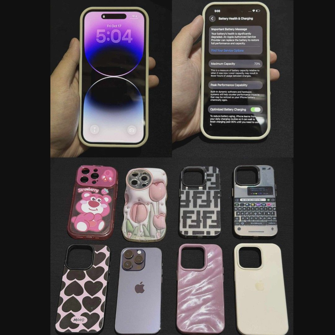 iPhone 14 Pro 128GB Deep Purple (Category: iPhone 14 Series) located in Binan City. Submitted by theomegarealm800 (Listing ID 1415444518, Image 2). Description: Device details: iPhone 14 Pro Deep Purple 128GB 73% Battery Health Wear and Tear on device: Discoloration on the corners of the stainless steel sides, especially around the charging port. The stainless steel is discolored, not scuffed or scratched. Shown on the images. Minor scratches on 