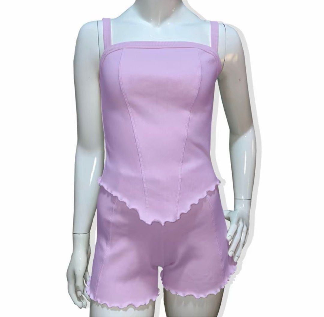 Lilac Terno/Coord Set (Category: Sets or Coordinates) located in Rizal. Submitted by rmrkshmc (Listing ID 1415525138, Image 2). Description: - bust: 40-46 - waist: 34-39 - tried on but never used - Two-piece set in lilac - Top: Square neckline, thin straps - Shorts: High-waisted, scalloped hem - Made of ribbed fabric. Maganda tela, makapal - Perfect for casual outings or relaxing at home - mop: gcash - loc: Mayamot, Antipolo .