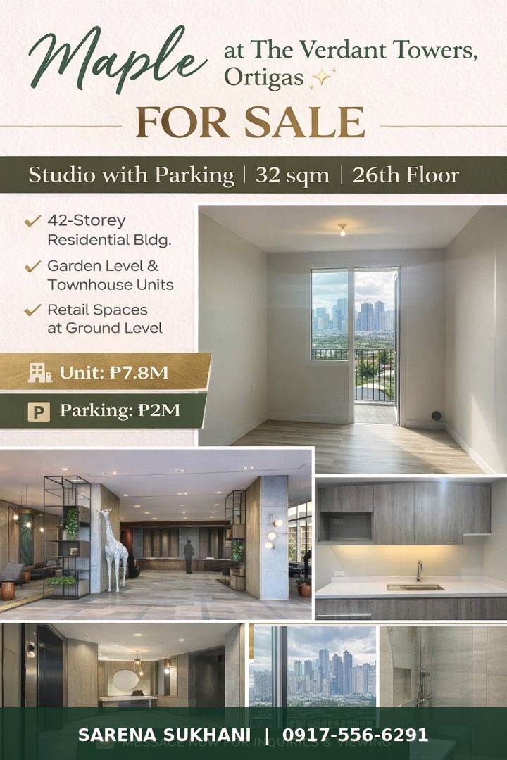 Maple at The Verdant Towers Ortigas ✨ (Category: Apartments & Condos) located in Pasig City. Submitted by PhilRealEstateFinder (Listing ID 1382514895, Image 1). Description: FOR SALE Maple at The Verdant Towers Ortigas ✨ Studio Unit: 32 sqm with Parking Unit on 26th floor Tower Specifications ✔️ 42 Storey Residential Bldg. ✔️4 Garden Level Units ✔️ 6 Townhouse Units ✔️33 Residential Floors ✔️ Retail Spaces at The Ground Level P7.8M Unit P2M Parki
