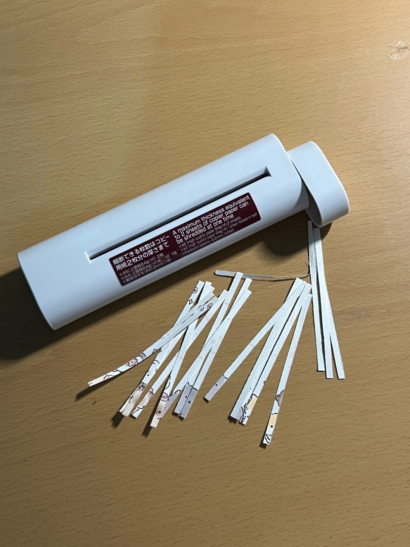 MUJI Handy Portable Shredder (Category: Craft Supplies & Tools) located in Antipolo. Submitted by chi._.declutters (Listing ID 1415540005, Image 1). Description: RFS: hindi ko ginagamit haha / no issues - only used to test - was supposed to gift it to a friend but di natuloy - no box - MUJI compact shredder - Shreds up to 2 sheets of paper - Dimensions: W18.2 x D5 x H3cm - Vertical design for space-saving storage - Perfect for receipts and small 