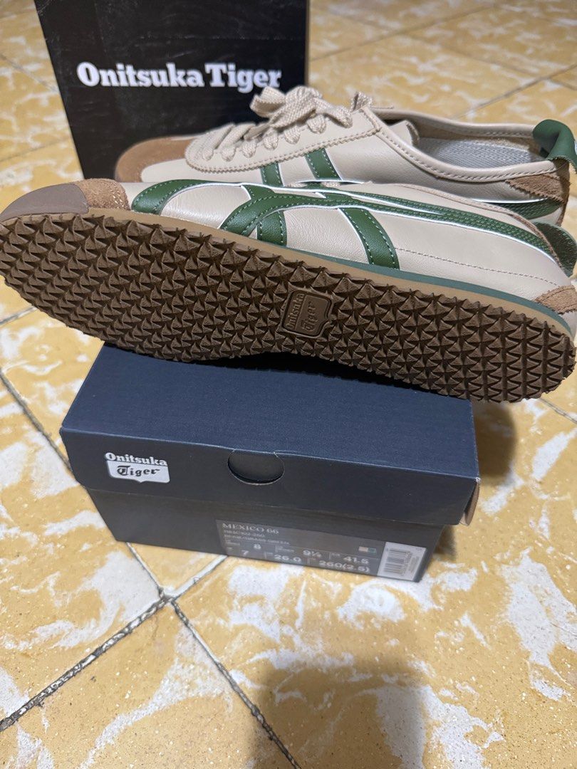 Onitsuka Tiger Mexico 66 Sneakers (Category: Sneakers) located in Makati City. Submitted by martinoloco (Listing ID 1415583599, Image 3). Description: - Onitsuka Tiger Mexico 66 - Beige and green colorway - Features iconic tiger stripes - Size: 7 US men's / 26.0 cm - Comes with original box - Brandnew, fresh from Japan.