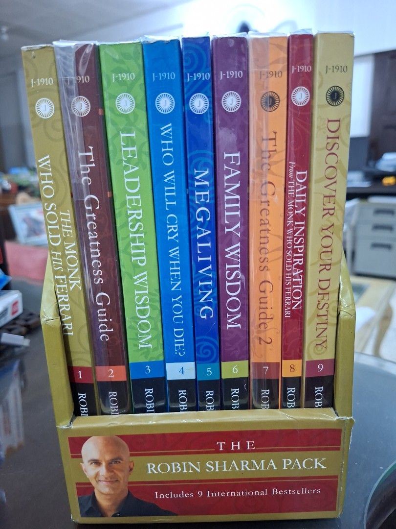 The Robin Sharma Pack - 9 Books (Category: Storybooks) located in Marikina City. Submitted by yoh6781 (Listing ID 1415538330, Image 1). Description: Complete set of The Robin Sharma Pack, including 9 international bestsellers. Titles include "Discover Your Destiny", "Daily Inspiration", "The Greatness Guide 2", "Family Wisdom", "Megaliving", "Who Will Cry When You Die?", "Leadership Wisdom", and "The Monk Who Sold His Ferrari". The books are in a