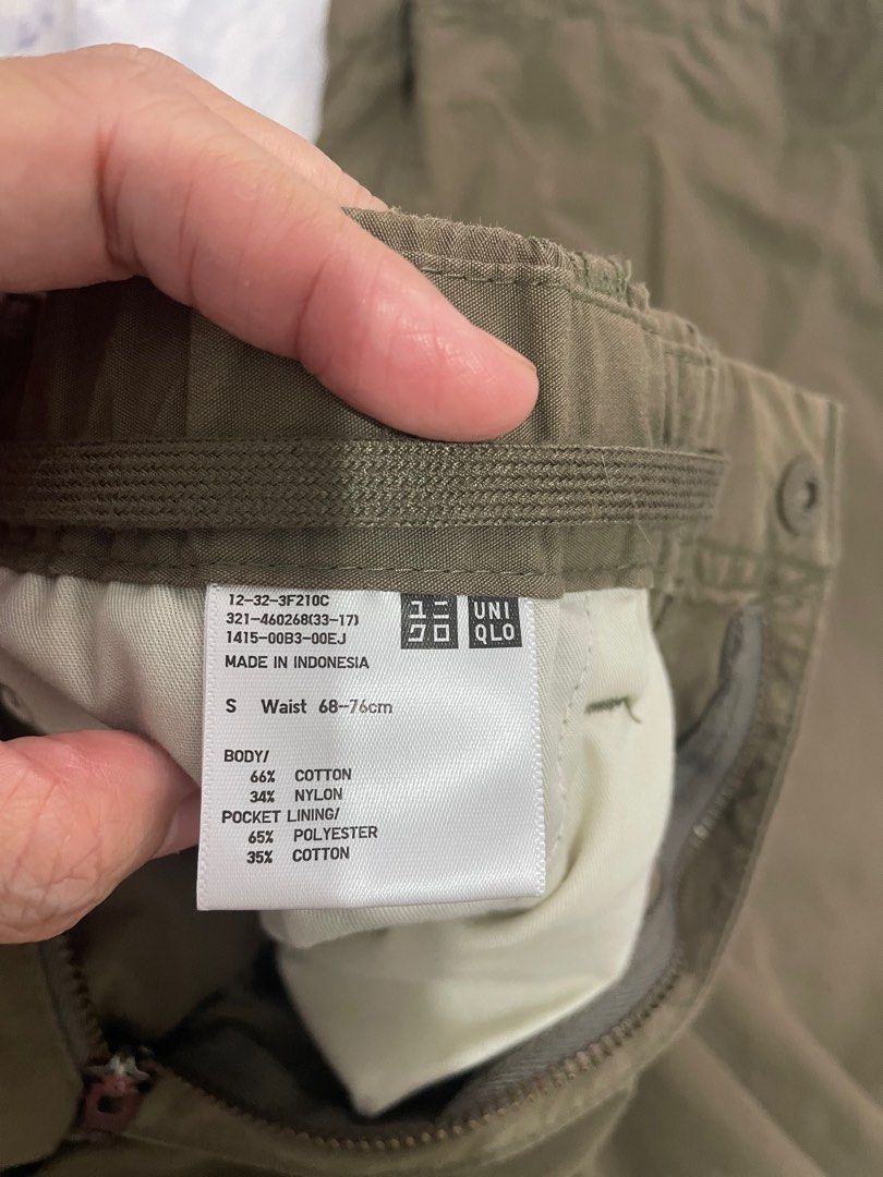 Uniqlo Wide Parachute Pants - Size S (Category: Other Bottoms) located in Taytay. Submitted by zipzyzan (Listing ID 1415511162, Image 2). Description: - Uniqlo Cargo Pants - Size: S - Color: Olive Green - Features: Drawstring waist, cargo pocket - Made in Indonesia - Waist Size: 68-76cm - Material: - Body: 66% Cotton, 34% Nylon - Pocket Lining: 65% Polyester, 35% Cotton.