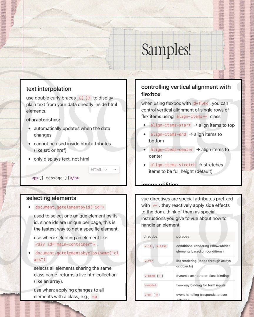 Web Application Development Notes - PDF/Notion (Category: Textbooks) located in Singapore. Submitted by scargi (Listing ID 1415529437, Image 3). Description: Comprehensive web application development notes covering CSS, Bootstrap, Basic PHP, HTML, Vue.js, Axios, and JavaScript. These notes helped me achieve an A in IS216 — SMU Web Application II Module (WAD2)! Available as a PDF or shared on Notion. It’s designed for quick reference and learning,
