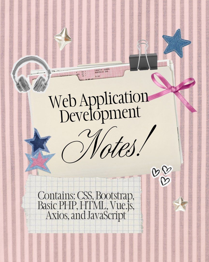 Web Application Development Notes - PDF/Notion (Category: Textbooks) located in Singapore. Submitted by scargi (Listing ID 1415529437, Image 1). Description: Comprehensive web application development notes covering CSS, Bootstrap, Basic PHP, HTML, Vue.js, Axios, and JavaScript. These notes helped me achieve an A in IS216 — SMU Web Application II Module (WAD2)! Available as a PDF or shared on Notion. It’s designed for quick reference and learning,