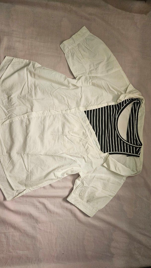 White polo top with Striped Inner off-shoulder (Category: Blouses) located in Davao. Submitted by bvxbmvn (Listing ID 1415527156, Image 2). Description: White polo top with a striped black and white inner, slight off shoulder design best fit Medium-Semi-Large perfect for warm weather, beach wear lightweight fabric, slight see-through all clothing items are washed before packing and sending, thank you! rfs: decluttering can give discount if buying