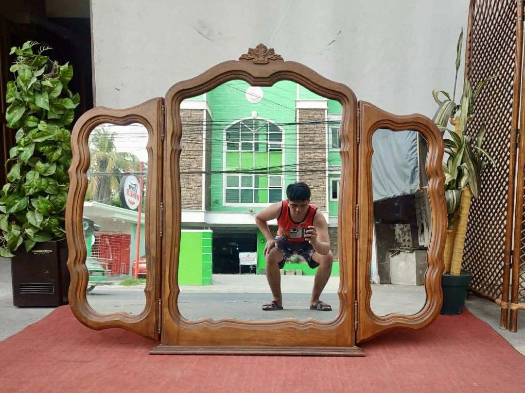 Wooden Tri-Fold Mirror (Category: Mirrors) located in Valenzuela. Submitted by princeraya55649 (Listing ID 1415621829, Image 2). Description: Elegant Solid Wood Tri-Fold Table Top Mirror 51"L x 46"H Php 8,200.