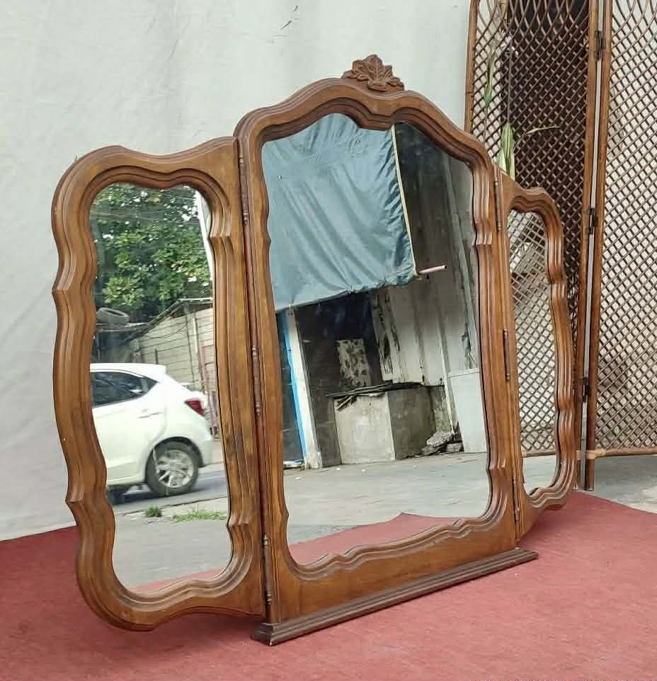 Wooden Tri-Fold Mirror (Category: Mirrors) located in Valenzuela. Submitted by princeraya55649 (Listing ID 1415621829, Image 3). Description: Elegant Solid Wood Tri-Fold Table Top Mirror 51"L x 46"H Php 8,200.