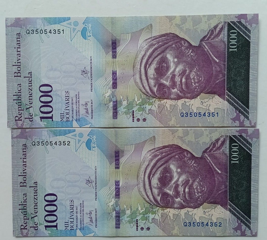 委內瑞拉2017年1000玻利瓦爾兩張連號UNC（Q35054351-52）, 興趣及遊戲, 收藏品及紀念品, 錢幣- Carousell
