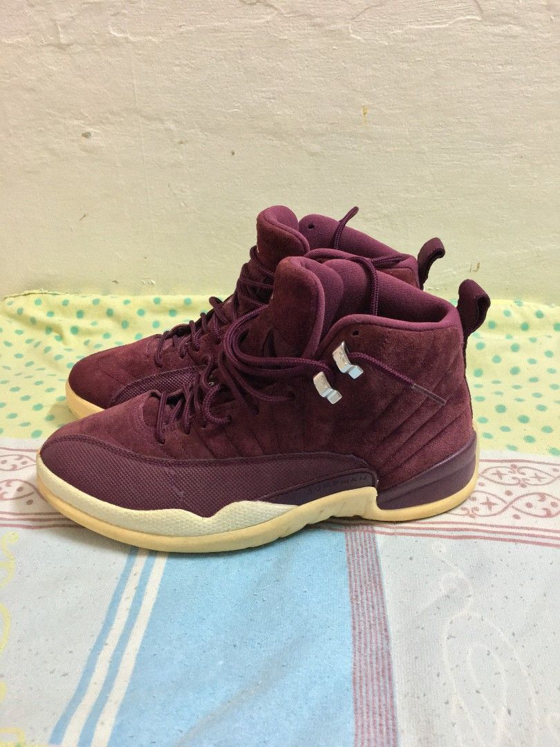 Air Jordan 12 Retro Bordeaux (Category: Sneakers) located in Quezon City. Submitted by 2high2cry. (Listing ID 1415677671, Image 2). Description: - Air Jordan 12 Retro - Burgundy colorway - Size: 8.5 US - Iconic Jumpman logo - '23' detail on sole - Suede-like upper - Cream-colored sole - Made in 2017 kita na po mga issue sa pics. 4-5 times ko lang siya nagamit, nastock lang po siya ng matagal. may sole sep na rin siya NEGOTIABLE, madali po ako kau