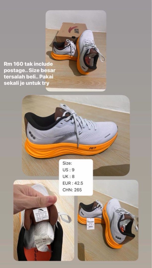 Anta PG7 (Category: Other Sports Equipment and Supplies) located in Ampang. Submitted by dayyanzafri (Listing ID 1415710621, Image 1). Description: Kasut baru.. pakai sekali je untuk try tapi size besar.. kasut memang selesa dan lembut.