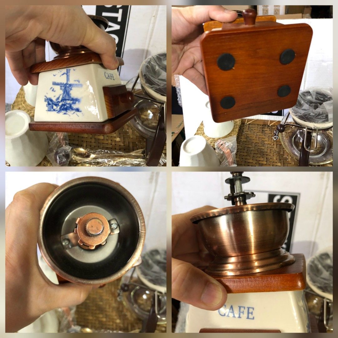 Asian Coffee Mill & Cafe Set KM-0011 (Category: Coffee & Tea Tableware) located in Caloocan City. Submitted by e_o62059 (Listing ID 1415818319, Image 2). Description: japan branded brand new;pristine condition;unused Complete vintage coffee set including a manual coffee grinderand brewing set, glass coffee pot with filter, two cups, and two spoons. The coffee grinder has a wooden base with a copper-colored top. The cups are white with a brown swi