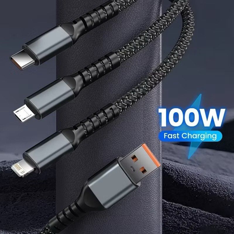 Cable (Category: Chargers & Cables) located in Singapore. Submitted by ssellerr_123 (Listing ID 1415778399, Image 3). Description: 3-in-1 Transparent Fast Charging Cable 100W | Fast Charging | Nylon Braided | LED Indicator | iOS/Micro USB/Type-C.