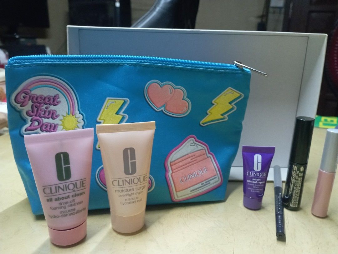 Clinique Skincare and Makeup Set (Category: Makeup) located in Meycauayan. Submitted by issasvillaflores (Listing ID 1415714375, Image 2). Description: Clinique set includes: All about clean rinse off foaming cleanser Moisture surge overnight mask Smart clinical repair wrinkle correcting serum Quickliner for eyes intense- intense black Pop plush creamy lip gloss-air kiss pop High impact mascara- black FREE make up pouch.