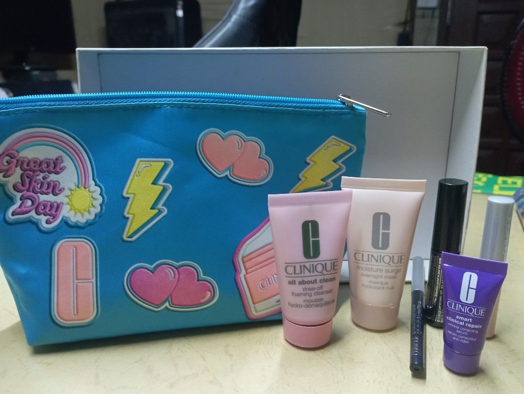 Clinique Skincare and Makeup Set (Category: Makeup) located in Meycauayan. Submitted by issasvillaflores (Listing ID 1415714375, Image 1). Description: Clinique set includes: All about clean rinse off foaming cleanser Moisture surge overnight mask Smart clinical repair wrinkle correcting serum Quickliner for eyes intense- intense black Pop plush creamy lip gloss-air kiss pop High impact mascara- black FREE make up pouch.