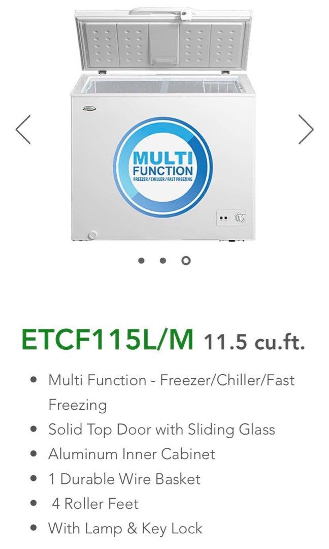 Everest Chest Freezer ETCF115L/M (Category: Refrigerators and Freezers) located in San Juan City. Submitted by rju09 (Listing ID 1415682770, Image 3). Description: FOR SALE! Everest chest freezer. 🥶❄️ Size: 11.5 cubic ft. Issue: walang handle bar Everything else, all working as it should. Price: 7000php (slightly negotiable) Pm lang po Thank you!.