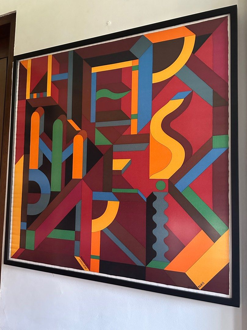 Framed Hermes "Perspective Cavalière" Scarf (Category: Luxury Accessories) located in Quezon City. Submitted by mscasido (Listing ID 1409862155, Image 2). Description: Size: 30"x30" This is a framed Hermès "Perspective Cavalière" scarf or art piece, featuring a geometric, anamorphic design. The design, created by the artist known as Anamorphee, plays with perspective to form the words "Hermès Paris". It has been used across various Hermès product