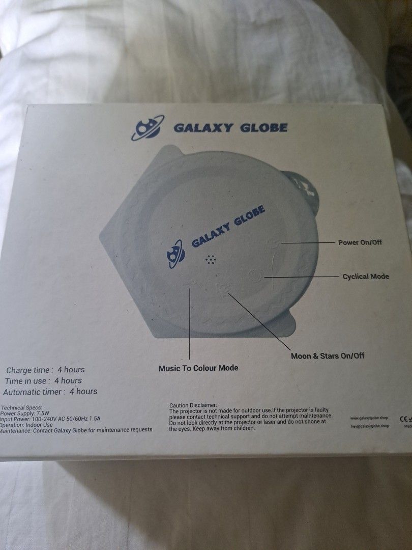 Galaxy Globe Projector (Category: Projectors) located in Manila. Submitted by maggie54145 (Listing ID 1415639080, Image 1). Description: Galaxy Globe projector features power on/off, cyclical mode, and music to color mode. It has a moon and stars on/off function. The projector has a charge time of 4 hours and can be used for 4 hours. It has an automatic timer of 4 hours. The input power is 100-240V AC 50/60Hz 1.5A. It is designed for indoor use..
