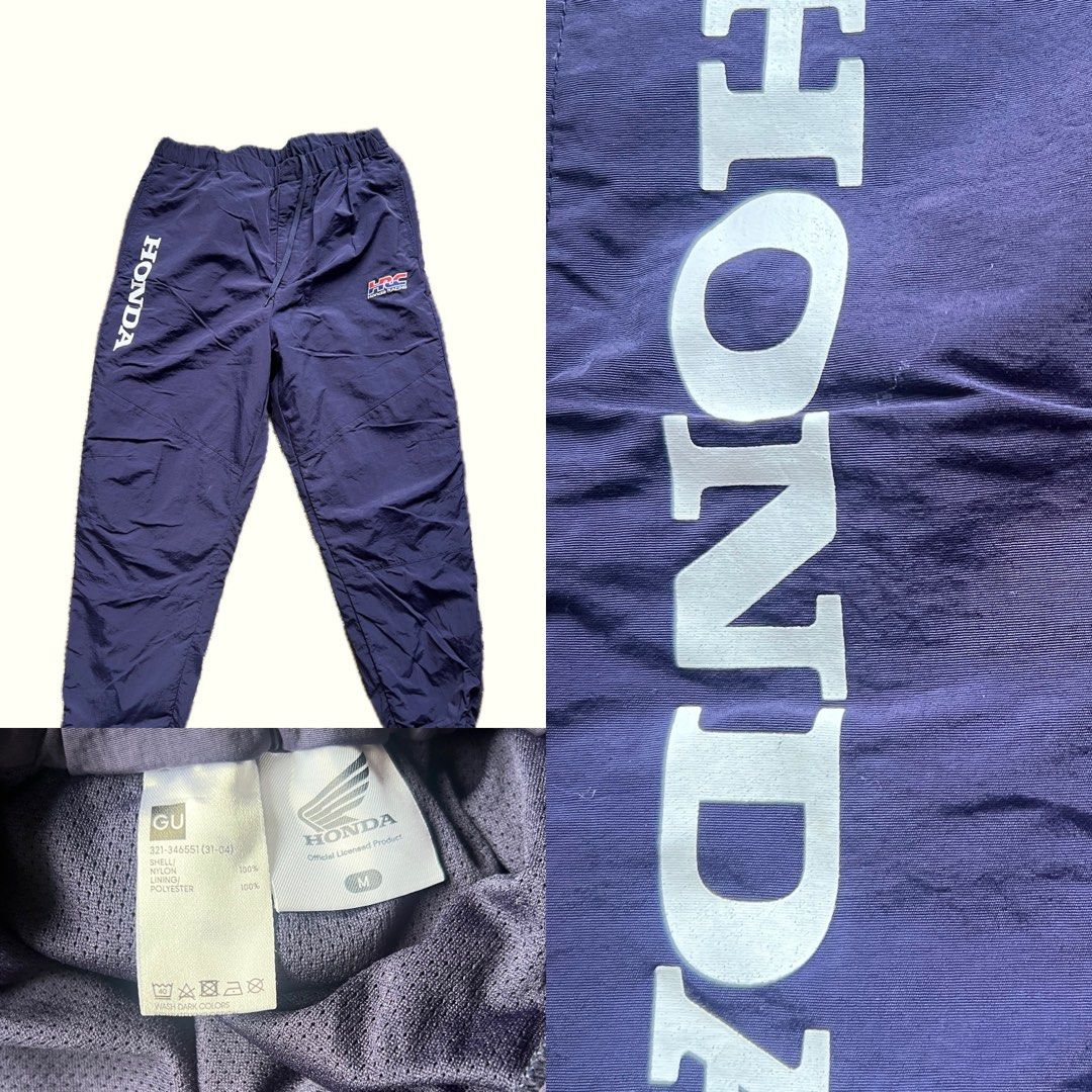 GU Honda Racing Pants Navy Blue (Category: Joggers) located in Urdaneta. Submitted by randomjess00 (Listing ID 1415651465, Image 1). Description: - Navy blue Honda Racing pants - Size: M - Features Honda logo on the side - Includes HRC logo - Material: Nylon and polyester blend - Elastic waistband and cuffs.