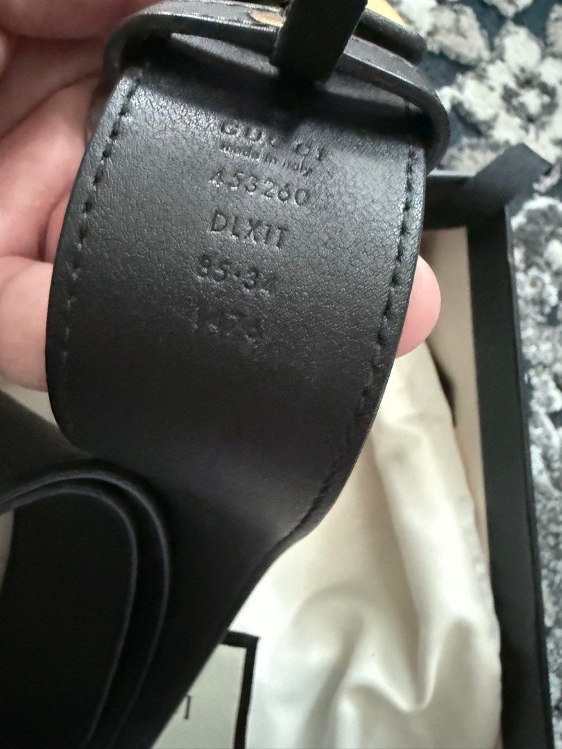 Authentic Gucci Pearl GG Belt (Category: Luxury Accessories) located in Manila. Submitted by annann1003 (Listing ID 1415776631, Image 2). Description: Authentic Gucci belt with pearl GG buckle. Black leather belt with gold-tone hardware. Includes original box and dust bag. Size 85-34. Made in Italy. The belt has several holes for adjustment. The buckle is adorned with pearls. The box has the Gucci logo..