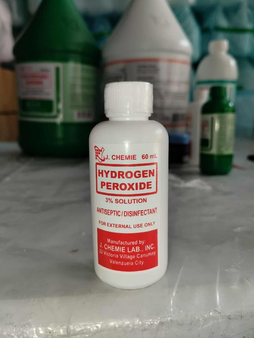 J. CHEMIE Hydrogen Peroxide 3% Solution 120 ml (Category: Medical Supplies & Tools) located in Quezon City. Submitted by andrea_dxs (Listing ID 1415669658, Image 1). Description: J.CHEMIE HYDROGEN PEROXIDE 3% Solution - 120ML Indications: For cleansing, dilute one part with an equal parts of water. For external ear cleansing, dilute one part with 6 parts of water. As mouthwash, dilute one part to five parts of water which is suitable only for use