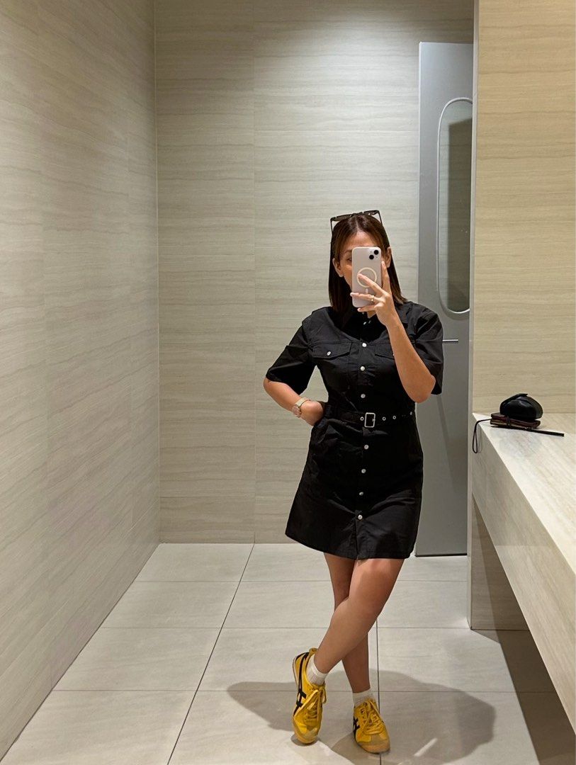 Mango Cargo-style Short Sleeve Dress (Category: Dresses) located in San Carlos City. Submitted by eizner (Listing ID 1415703983, Image 2). Description: See when worn in the 2nd photo - Mango dress - Belt included - Actual color is black / dark gray - Collared neckline - Button-down front.