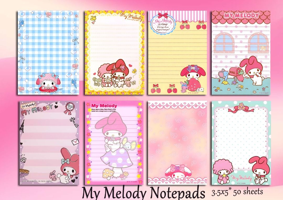 My Melody Sanrio Notepads (Category: Stationery & School Supplies) located in Las Pinas. Submitted by pinkpopcornshoppe (Listing ID 1415723948, Image 1). Description: 3.5 x 5" 50 sheets padded.