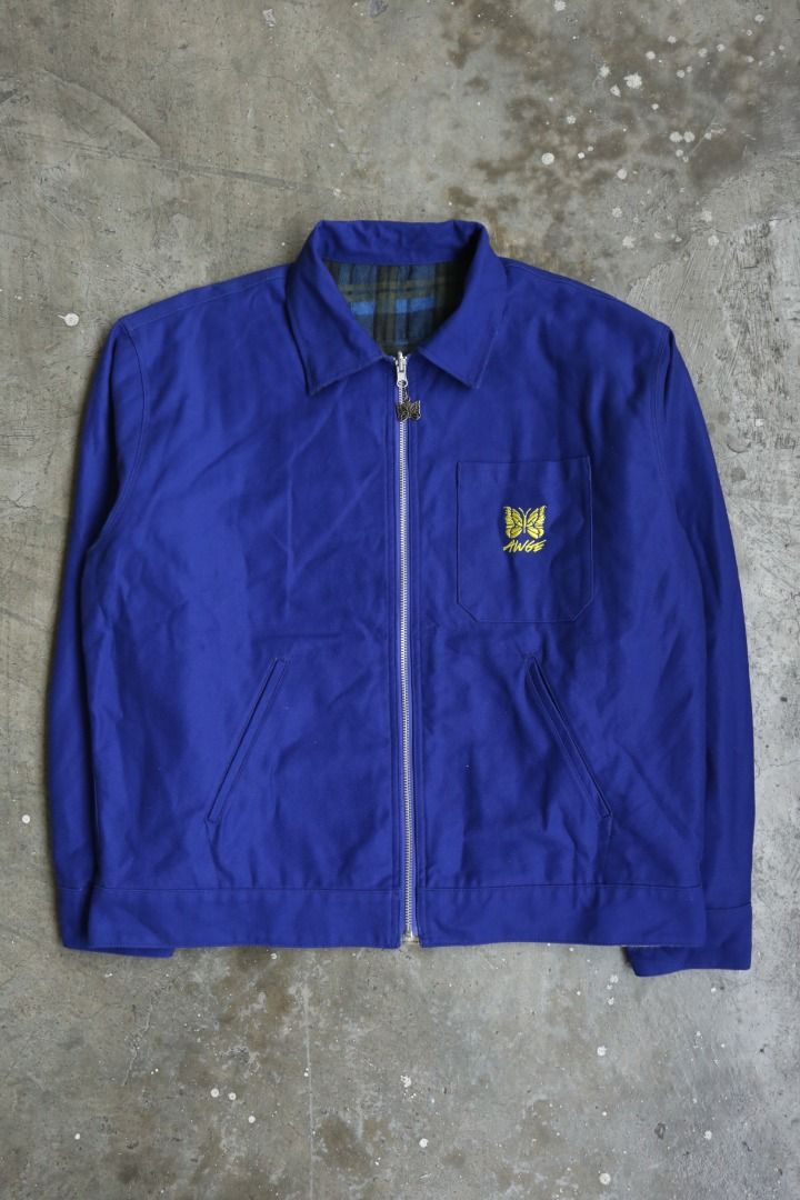 Needles - AWGE - F/W 21 - Reversible Work Jacket (Category: Coats, Jackets and Outerwear) located in Manila. Submitted by graymatter_ (Listing ID 1415703156, Image 2). Description: Needles - AWGE - F/W 21 - Reversible Work Jacket Reversible long sleeve cotton twill jacket in black. Spread collar. Zip closure with detachable logo hardware pull-tabs at front. Flap pocket with embroidered logo in yellow at chest. Welt pockets at waist. Single-button
