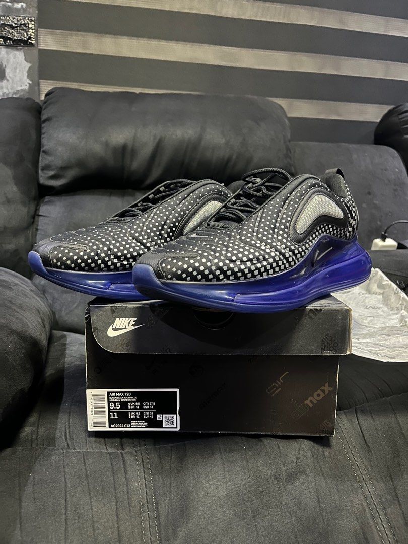 Nike Air Max 720 Black Blue (Category: Sneakers) located in Mandaluyong City. Submitted by philhenjac (Listing ID 1415799652, Image 2). Description: - Nike Air Max 720 sneakers - Color: Black and Blue - Features a dotted pattern - Blue Air Max sole - Size: US Men's 9.5 / US Women's 11 - Includes original box - Condition: lightly used.