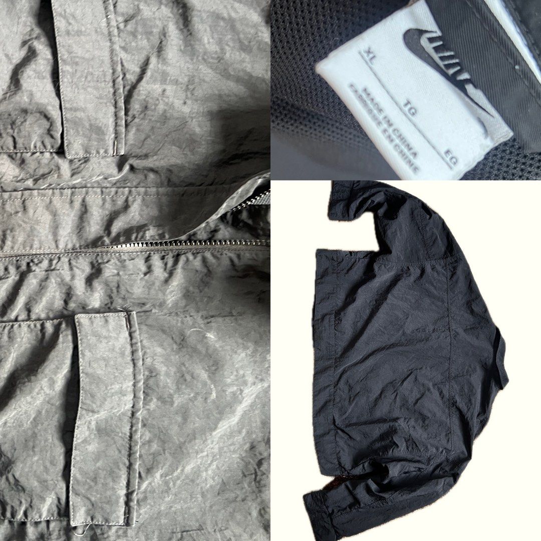 Nike XL Cropped Black Jacket (Category: Longsleeves) located in Urdaneta. Submitted by randomjess00 (Listing ID 1415651960, Image 2). Description: - Black Nike jacket - Size: XL - Features: - Collared neckline - Two chest pockets - Two side pockets - Zipper closure - Elastic cuffs - Material: Nylon and polyester.