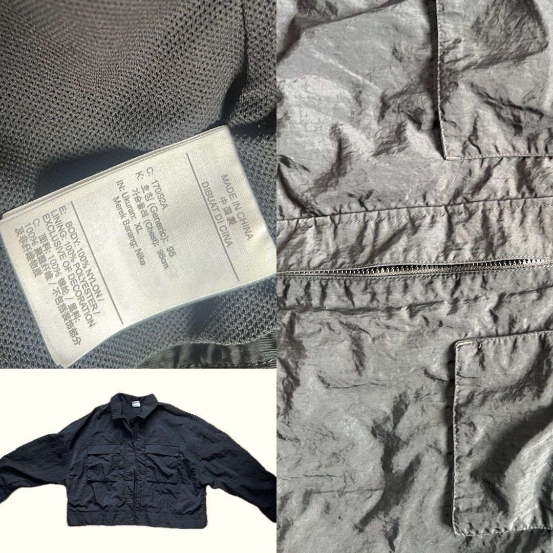 Nike XL Cropped Black Jacket (Category: Longsleeves) located in Urdaneta. Submitted by randomjess00 (Listing ID 1415651960, Image 1). Description: - Black Nike jacket - Size: XL - Features: - Collared neckline - Two chest pockets - Two side pockets - Zipper closure - Elastic cuffs - Material: Nylon and polyester.