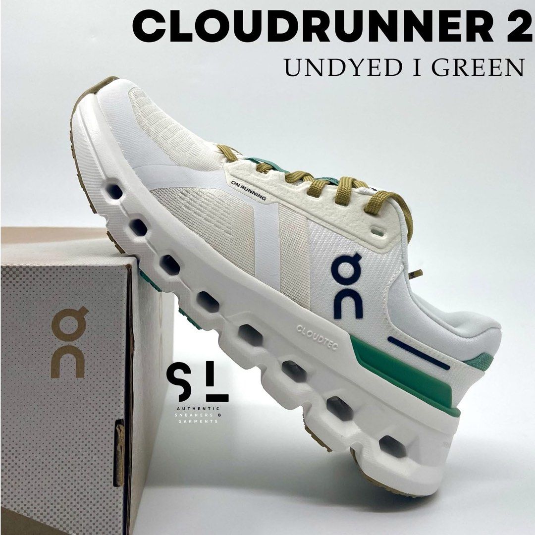 On Cloudrunner 2 Undyed I Green (Category: Sneakers) located in Gumaca. Submitted by unlimithrifts (Listing ID 1415685787, Image 1). Description: - On Cloudrunner 2 - Undyed I Green colorway - White and green design - Features On logo - Cloudtec sole - Includes original box - Green laces ■ Cloud Runner 2 Undyed Green ❗️13 US Men P7,600 📍price may change without prior notice. 📍Muntinlupa .
