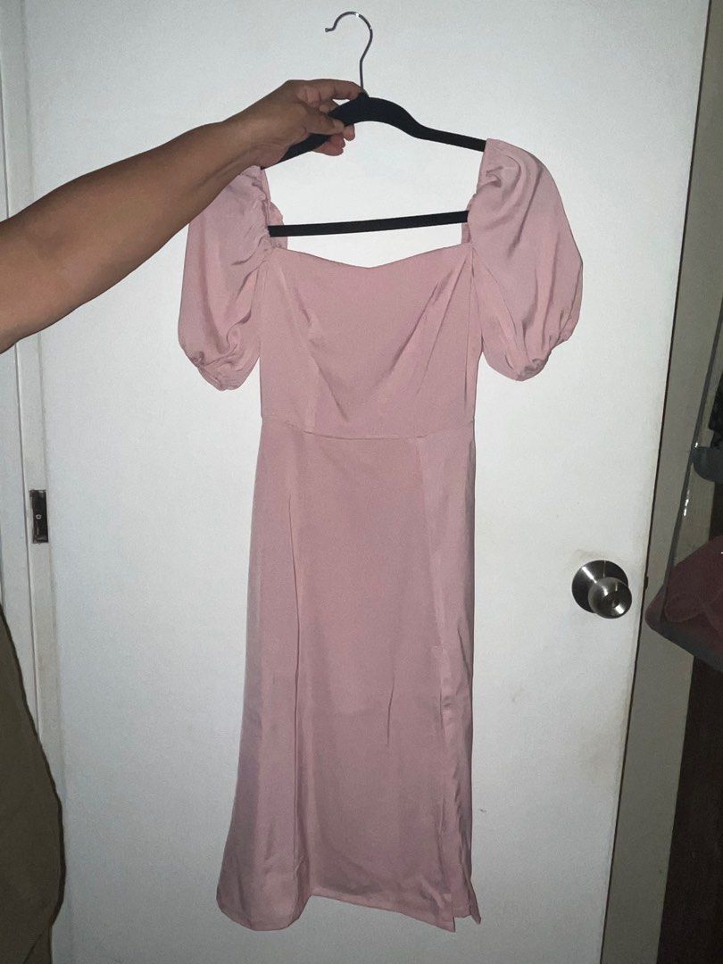 Pink Midi Dress with Puff Sleeves (Category: Dresses) located in Batangas. Submitted by ari252525 (Listing ID 1415768220, Image 3). Description: - Elegant pink midi dress - Square neckline - Offshoulder pink dress - Flattering puff sleeves - My waist is 26 and my bust is 34 - Side slit - Smooth, satin-like fabric - Perfect for special occasions or everyday wear.