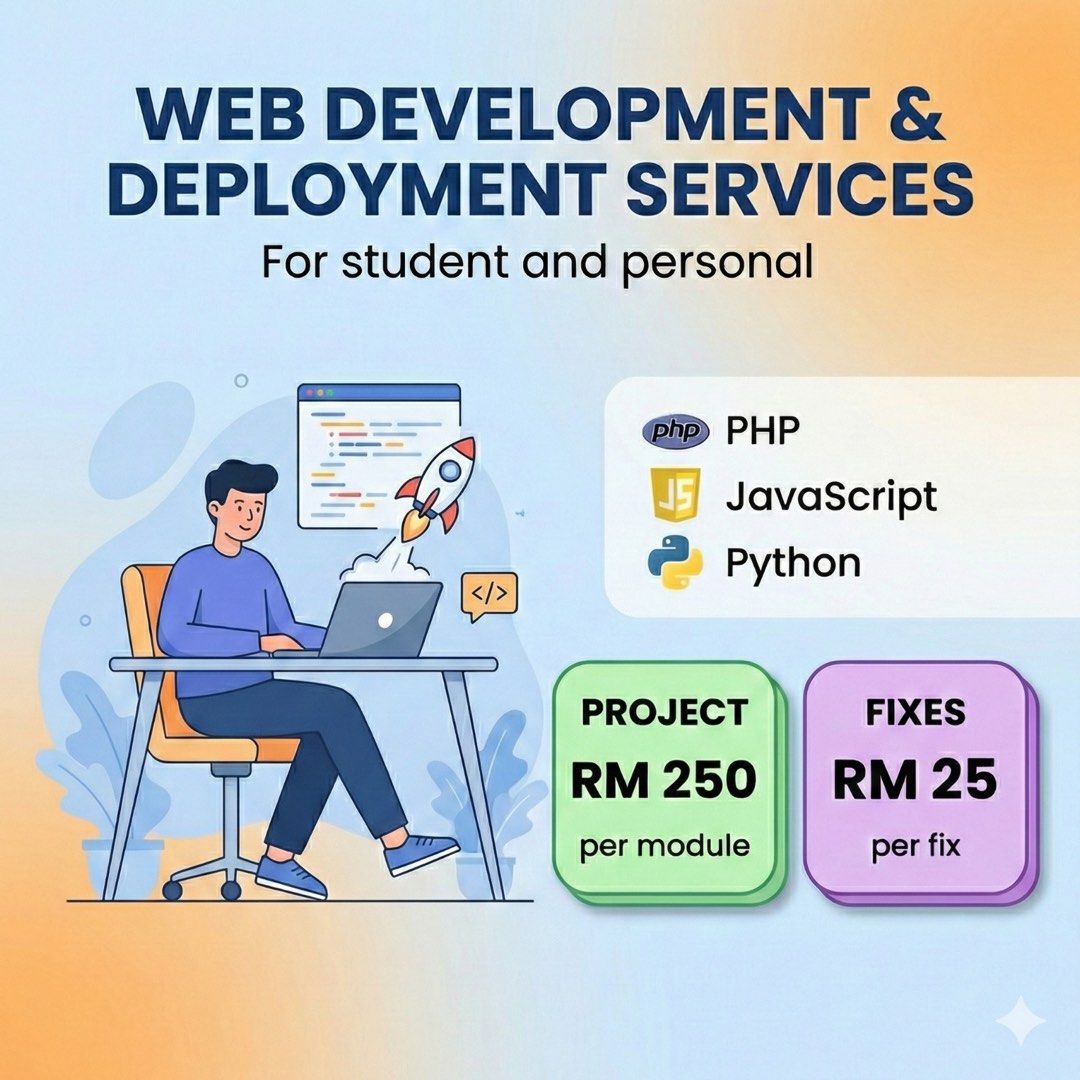 Programming Web Developer for Final Year Project (FYP) / Coding Assignment / Student /Personal Project (Category: Tuition) located in Kajang. Submitted by plainstax (Listing ID 1383655170, Image 1). Description: Web Development & Deployment Service Tailored to your specific requirements and stack. 🎒 Student & Personal 🎓 FYP or personal use Contact us 🚀 https://linktr.ee/hakizuri Pricing 💵 RM 250 per CRUD cycle 💵 RM 25 per fix. 🎁 Free Authen