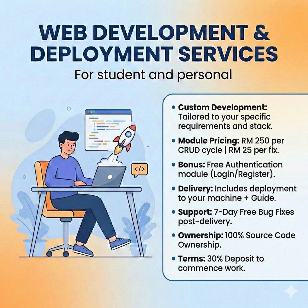 Programming Web Developer for Final Year Project (FYP) / Coding Assignment / Student /Personal Project (Category: Tuition) located in Kajang. Submitted by plainstax (Listing ID 1383655170, Image 2). Description: Web Development & Deployment Service Tailored to your specific requirements and stack. 🎒 Student & Personal 🎓 FYP or personal use Contact us 🚀 https://linktr.ee/hakizuri Pricing 💵 RM 250 per CRUD cycle 💵 RM 25 per fix. 🎁 Free Authen