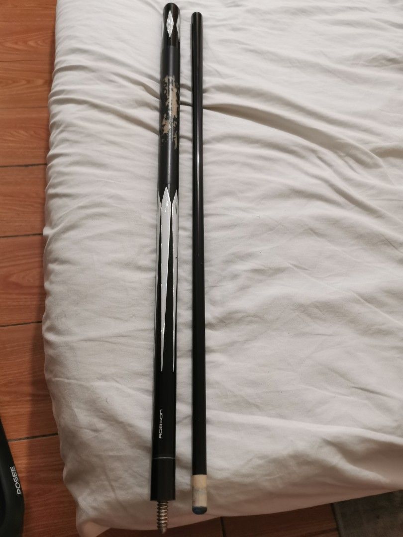 ROBSON CUE STICK (Category: Billiards and Bowling) located in San Juan City. Submitted by robert_047 (Listing ID 1415701693, Image 3). Description: FOR SALE] Robson Graphite Series Cue - Complete Set ​Price: :₱1,800 slightly negotiable ​Specs: ​Model: Robson Graphite Series (Fiberglass/Graphite Composite) ​Weight: 19oz or 20oz ​Tip Size: 12.5mm (Standard for Graphite series) ​Joint: Black Implex / Heavy Duty Joint ​Condition: 80 % smooth finish, 