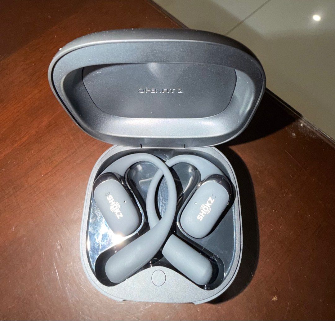 Shokz Openfit 2 Wireless Earphones (Category: Earphones) located in Quezon City. Submitted by maria_0405 (Listing ID 1415748524, Image 2). Description: - Shokz Openfit 2 wireless earphones - Includes original box - Includes charging case - Comfortable and secure fit - Convenient charging and storage.