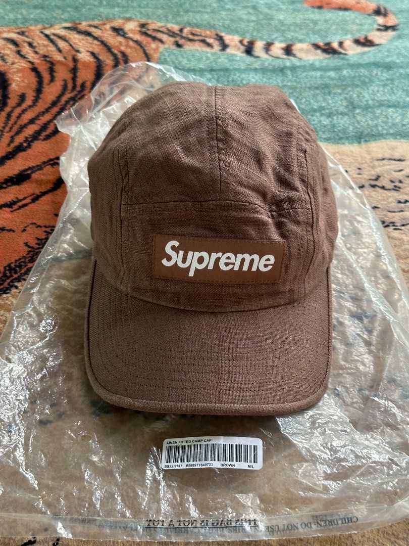 Ss22 Supreme Linen Fitted Camp cap Brown Medium/large (Category: Caps & Hats) located in Los Banos. Submitted by streetwear.collections (Listing ID 1415679670, Image 1). Description: Ss22 Supreme Linen Fitted Camp cap Brown Medium/large Garterized (stretchable) Brand new Php 4800 Thanks! .