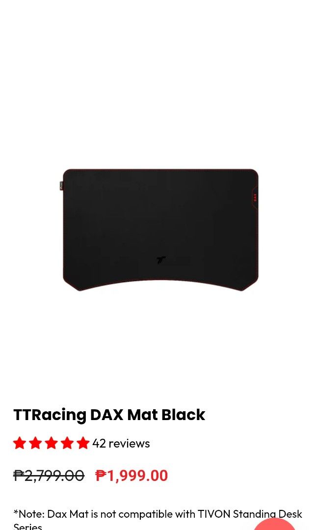 TTRacing Dax Mat | Desk Mouse Pad (Category: Mouse & Mousepads) located in Rizal. Submitted by impulse95 (Listing ID 1415663217, Image 3). Description: Selling my brand new TTRacing Desk Mat. Rfs: Changed my mind as Mat did not fit the aesthetic I wanted Details: - Size is 1.2M - Color black - Anti-slip material - Water resistant coating - Large surface area for comfortable mouse movement. - Sleek black design with a red accent. - Curved bottom e