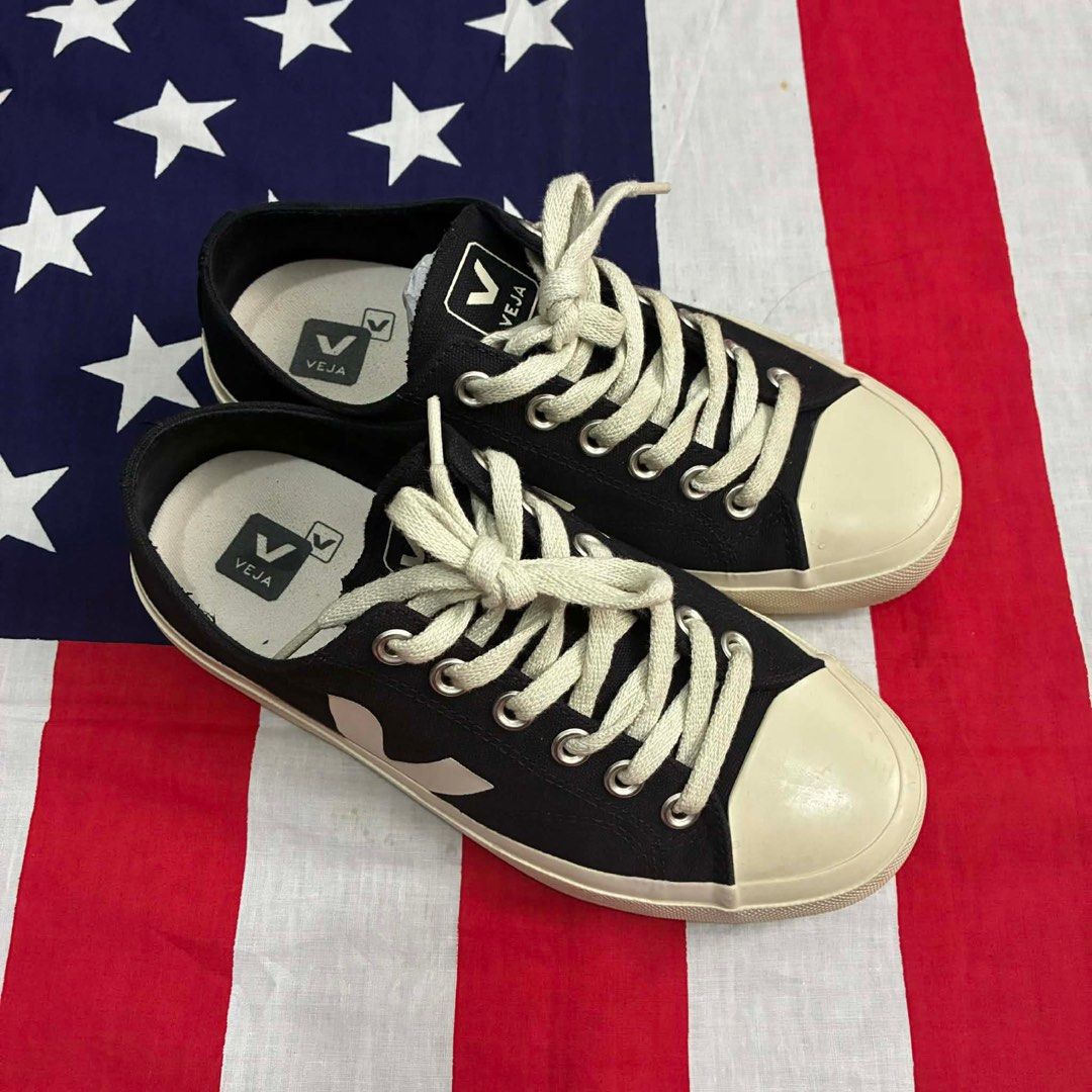 Veja Wata II Low Canvas Sneakers (Category: Sneakers) located in Manila. Submitted by nei00 (Listing ID 1415697807, Image 3). Description: - Veja Wata II Low Canvas sneakers - Black canvas upper - White "V" logo - Cream-colored toe cap and sole - Size: EUR 38 / UK 5 / US 7 - Includes original box - Includes receipt.