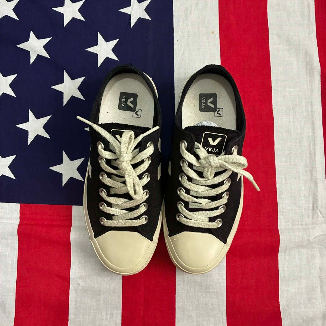 Veja Wata II Low Canvas Sneakers (Category: Sneakers) located in Manila. Submitted by nei00 (Listing ID 1415697807, Image 1). Description: - Veja Wata II Low Canvas sneakers - Black canvas upper - White "V" logo - Cream-colored toe cap and sole - Size: EUR 38 / UK 5 / US 7 - Includes original box - Includes receipt.
